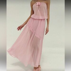 Strapless Light Pink Maxi Dress with Floral Accent